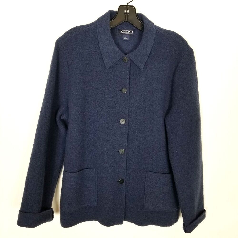 Lands End Women Button Up Wool Jacket Blazer Sz 10 Navy Pockets Preppy Casual